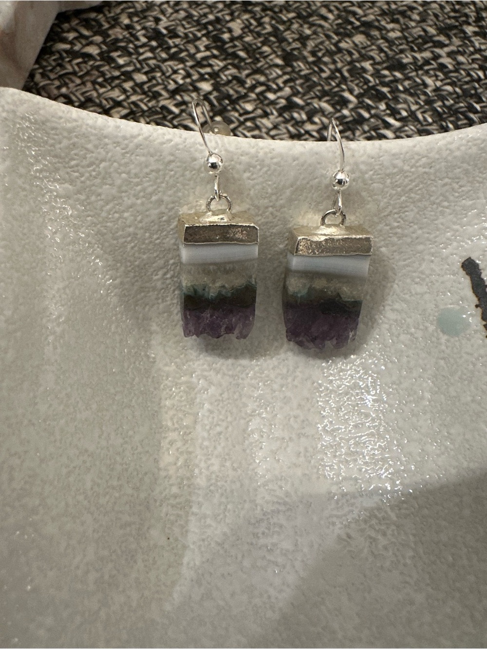 Raw Amethyst Geode Agate Slice Drop Earrings Silver Electroplated